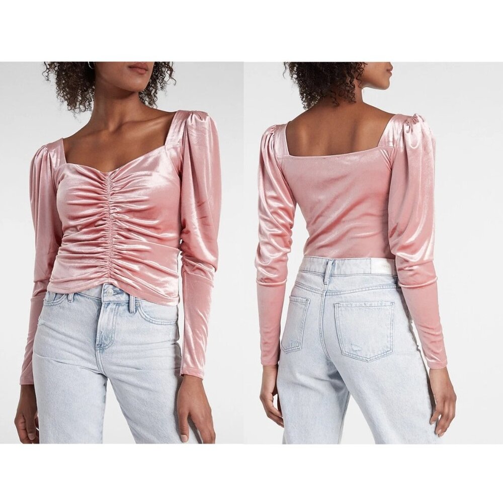 NWT Express Dusty Rose Blush Pink Velvet Long Sleeve Blouse Top Ruched Front L